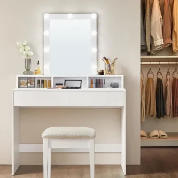 Masa de toaleta cu  oglinda cu LED-uri ajustabile / masuta dressing, Vasagle, 100x40x145 cm, PAL, alb imagine