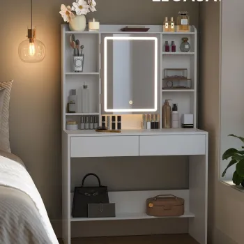 Masa de toaleta cu  oglinda cu LED-uri ajustabile / masuta dressing, Vasagle, 90x40x144.7 cm, PAL, alb imagine