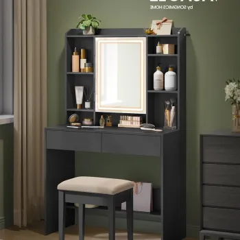 Masa de toaleta cu  oglinda cu LED-uri ajustabile/ masuta dressing, Vasagle, 90x40x144.7  cm, PAL/MDF, negru imagine
