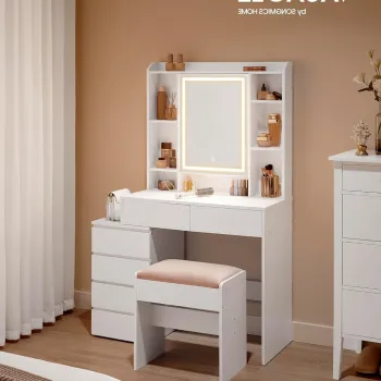 Masa de toaleta cu  oglinda cu LED-uri / masuta dressing, Vasagle, 97.5x40x145  cm, PAL, alb imagine