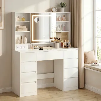 Masa de toaleta cu oglinda LED Kailyn, Vasagle, 110x40x141.5 cm, PAL/MDF, alb cloud imagine