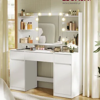 Masa de toaleta cu oglinda LED, prize si porturi USB, Kailyn, Vasagle, 107x40x144 cm, PAL/MDF, alb cloud imagine