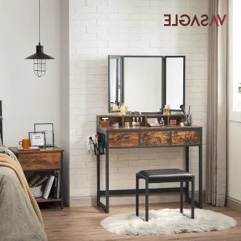 Masa de toaleta cu oglinda si taburet / masuta dressing, Vasagle Industrial, 90x40x141 cm, PAL/oglinda, maro imagine