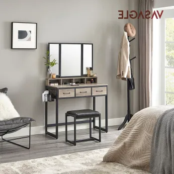 Masa de toaleta cu taburet / Masuta dressing, Vasagle, Industrial, 90x40x141 cm, PAL/otel/piele ecologica, gri imagine