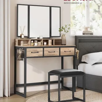 Masa de toaleta cu taburet / Masuta dressing, Vasagle, Industrial, 90x40x141 cm, PAL/otel/piele ecologica, natural imagine