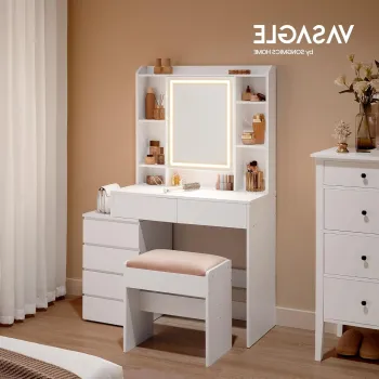 Masa de toaleta cu taburet si oglinda cu LED-uri / masuta dressing, Vasagle, 80s40s137.5 cm, MDF, alb imagine
