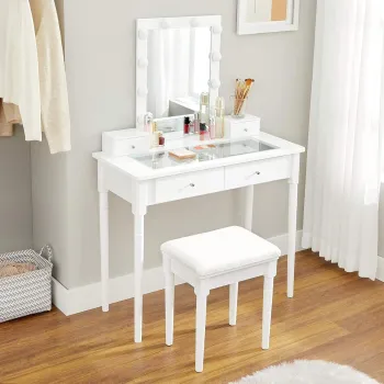 Masa de toaleta cu taburet si oglinda cu LED-uri / masuta dressing, Vasagle, 90x40x133.5 cm, MDF/lemn de pin/lemn de cauciuc, alb imagine