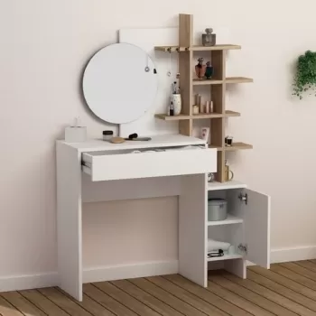 Masa de toaleta / machiaj cu oglinda Mup, Decortie, 105x35x151 cm, alb/bej imagine