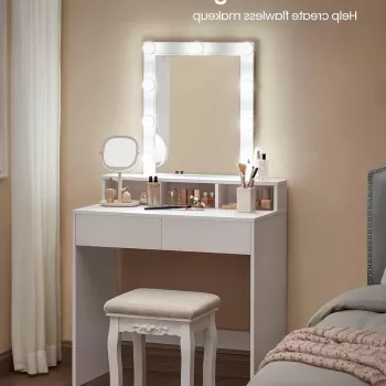 Masa de toaleta / machiaj cu oglinda si iluminare LED, Vasagle, 80 x 40 x 145 cm, PAL/sticla, alb imagine