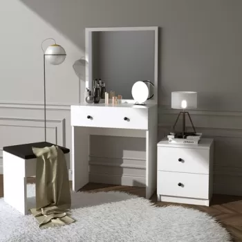 Masa de toaleta / machiaj cu oglinda, taburet si noptiera Nice, Elegance, 65x35x139 cm, alb imagine