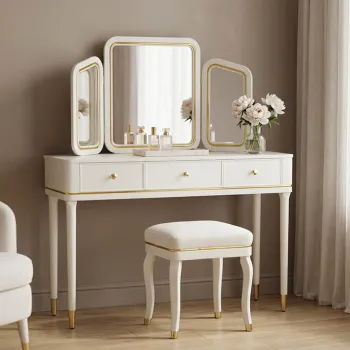 Masa de toaleta / masuta dressing cu oglinda si taburet, Mauro Ferretti, Camille, 120x37x79 cm, lemn de pin/fier/poliester, alb/auriu imagine