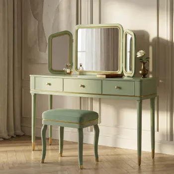 Masa de toaleta / masuta dressing cu oglinda si taburet, Mauro Ferretti, Camille, 120x37x79 cm, lemn de pin/fier/poliester, verde/auriu imagine