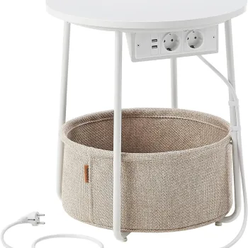 Masuta cu cos textil, priza si USB, Vasagle, 45x50 cm, max 35 kg, PAL/otel, alb mat/maro camila imagine