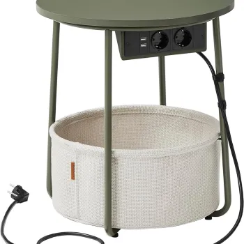 Masuta cu cos textil, priza si USB, Vasagle, 45x50 cm, max 35 kg, PAL/otel, verde padure/crem imagine