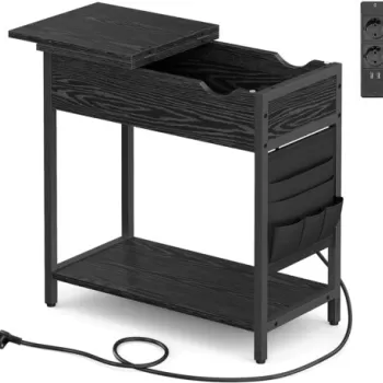 Masuta cu priza si plat pliabil Vasagle, 60 x 31.5 x 60 cm, PAL/otel, negru imagine