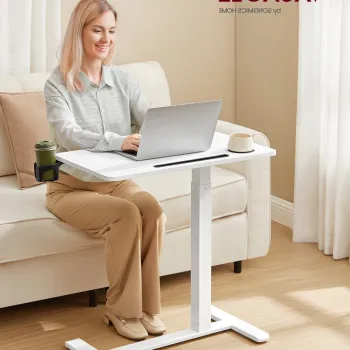 Masuta cu roti si inaltime reglabila pentru canapea, Vasagle, 70x40x65-102 cm, PAL/otel, alb cloud imagine