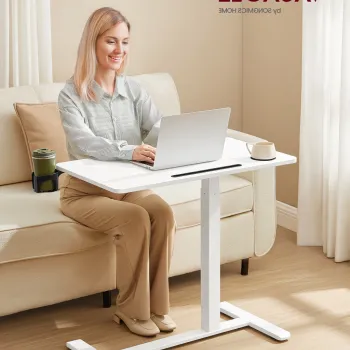 Masuta cu roti si inaltime reglabila pentru canapea, Vasagle, 80x45x65-102 cm, PAL/otel, alb cloud imagine