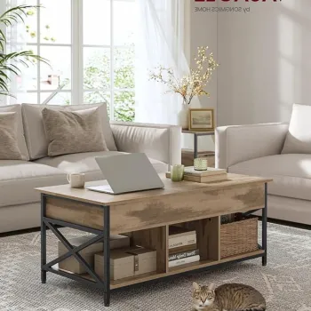 Masuta de cafea cu blat rabatabil, Vasagle Lift-Top, 100x50x48-63 cm, PAL/otel, maro camel imagine