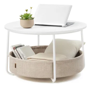 Masuta de cafea cu cos textil, Vasagle, Modern Style, 75x45 cm, PAL/otel/poliester, alb mat/camel imagine