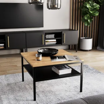 Masuta de cafea ELTAP, Lanzzi, 60x60x40 cm, metal/MDF laminat, negru/stejar imagine