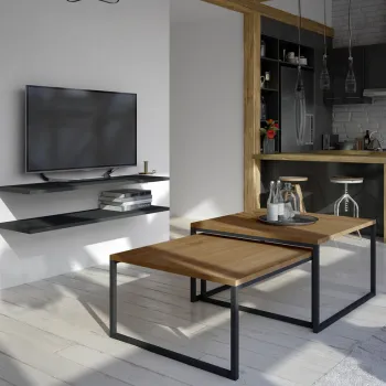 Masuta de cafea ELTAP, Nevio, 69x69x39 cm/ 60x60x34 cm, otel/PAL, negru/maro imagine