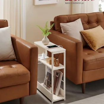 Masuta de cafea ingusta cu priza si USB Vasagle, 45x18x58 cm, max 100 kg, PAL/otel, alb/crem imagine