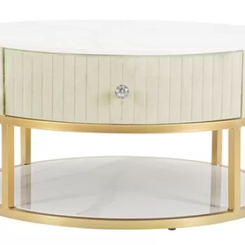 Masuta de cafea, Mauro Ferretti, Montpellier, O 75 x 36 cm, fier/lemn/piele ecologica, crem/auriu/alb imagine