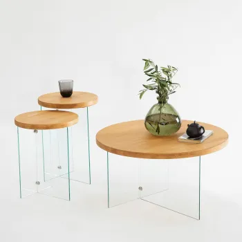 Masuta de cafea, Neostill, Serenity, 70x40 cm, Sticla temperata, Transparent / Stejar imagine