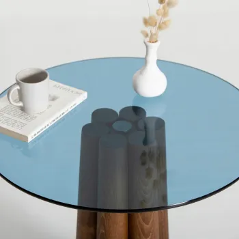 Masuta de cafea, Neostill, Thales Walnut, Albastru, 50x50x50 cm, Sticla temperata, Nuc / Albastru imagine