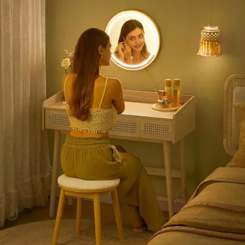 Masuta de toaleta si oglinda cu lumina reglabila / masuta dressing, Vasagle, Bohemian, 90x43x82 cm, MDF/lemn masiv, bej imagine