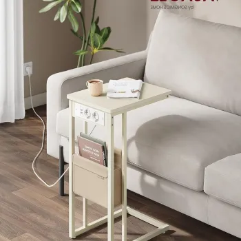 Masuta laterala C Shape, Vasagle, cu priza si porturi USB, 40x30x62 cm, PAL/otel, alb crem imagine