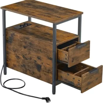 Masuta laterala cu priza si USB / noptiera cu 2 sertare, Vasagle, 60 x 35 x 61 cm, PAL/otel, maro rustic imagine