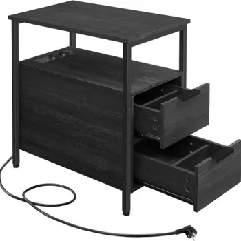 Masuta laterala cu priza si USB / noptiera cu 2 sertare, Vasagle, 60 x 35 x 61 cm, PAL/otel, negru imagine