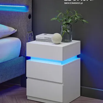 Noptiera 3 sertare si iluminare LED, Vasagle. 40x35x55 cm, MDF, alb imagine