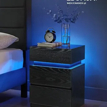 Noptiera cu 3 sertare si iluminare LED, Vasagle, 40x35x55 cm, MDF, negru imagine