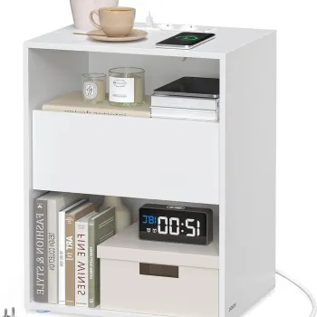 Noptiera cu priza si USB incorporate, Vasagle, 45x35x58.3 cm, PAL, asamblare fara unelte, alb mat imagine