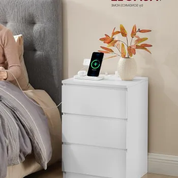 Noptiera cu prize si porturi USB, Vasagle, PAL/MDF, 40x30x59 cm, alb cloud imagine