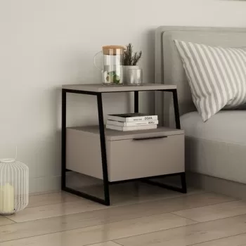 Noptiera, Decortie, Pal Light Mocha, 45 x 50 x 41 cm, pal melaminat/metal, mocha/negru imagine