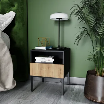 Noptiera ELTAP, Lanzzi, 40x40x50 cm, MDF laminat, negru/stejar imagine