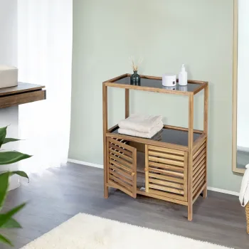 Organizator baie Fondi, Wenko, 67.5x35.5x86 cm, lemn acacia/sticla/plastic, maro/negru imagine
