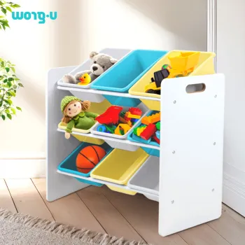 Organizator jucarii / mobilier camera copilului U-Grow, 63x30x60 cm, PAL/polipropilena, albastru/galben imagine