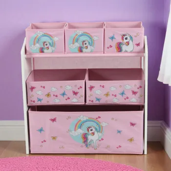 Organizator jucarii / mobilier camera copilului Unicorns, U-Grow, 63x30x60 cm, lemn de pin/textil, roz imagine