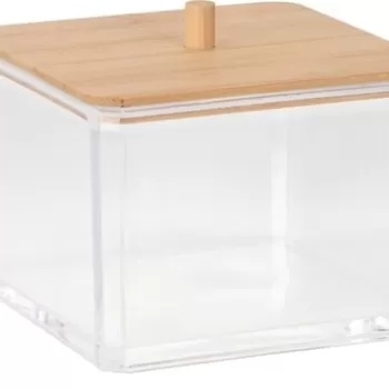 Organizator pentru betisoare de urechi, 9.5x9.5x8.5 cm, poliester/bambus, transparent imagine