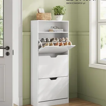 Pantofar cu 3 usi, Vasagle, 14-18 perechi pantofi, 60x24x139 cm, PAL/MDF, alb cloud imagine