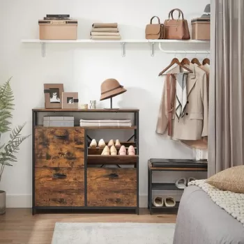 Pantofar cu 4 usi, Vasagle, 12-20 perechi pantofi, 98.3x30x96.5 cm, PAL/otel, maro rustic imagine