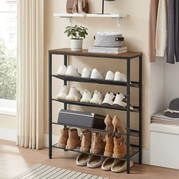 Pantofar cu 5 rafturi Tall, Vasagle, 75x30x93 cm, PAL/otel, maro imagine