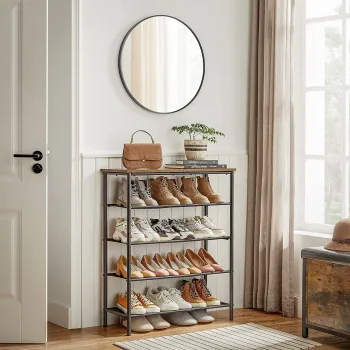 Pantofar cu 5 rafturi, Vasagle, 75x30x91 cm, PAL/otel/poliester, maro imagine