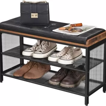 Pantofar cu bancheta tapitata Copadion, Vasagle, 104 x 30 x 48 cm, otel/piele ecologica, maro rustic imagine