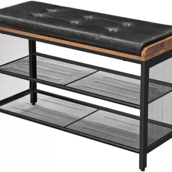 Pantofar cu bancheta tapitata Vasagle, 80 x 30 x 48 cm, otel/ piele ecologica, maro rustic imagine