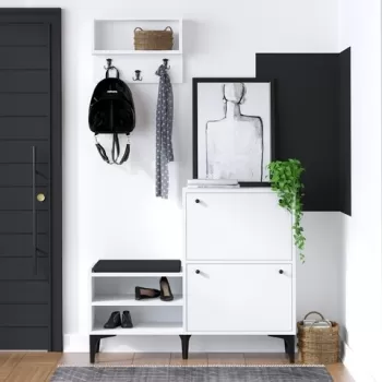 Pantofar si cuier, Emerald, Fredy, pal melaminat, alb/negru imagine